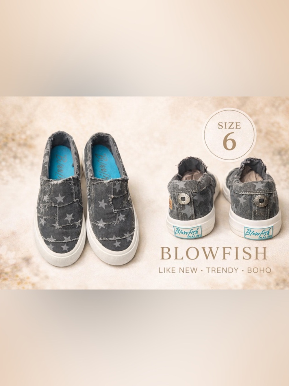 Blowfish Malibu Star Print Slip On Sneakers Size 6 Distressed Gray Canvas Shoes